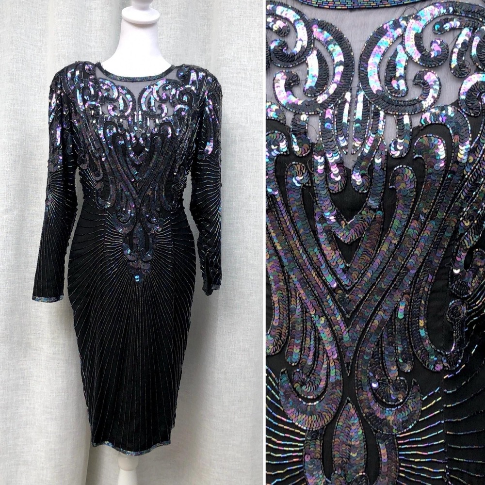 Illustrations Black Silk Long sleeve Dress with sequin & bead embellishments.